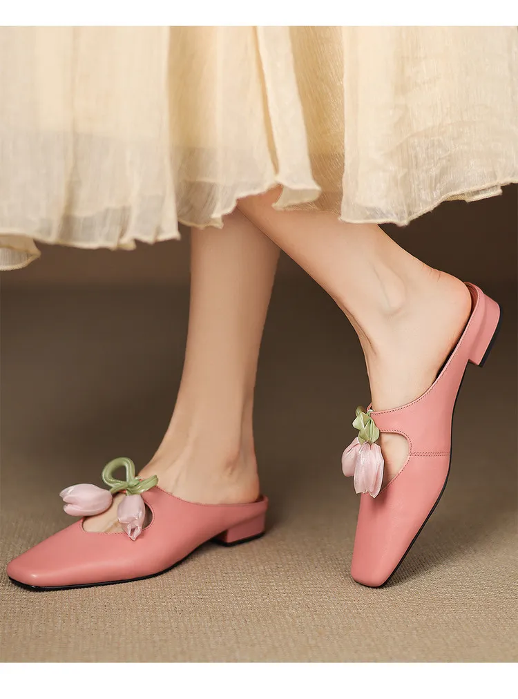 Summer fashionable and sweet style top-grain cowhide + sheepskin lining fashion slippers, low heel 2.5cm, size 34-41