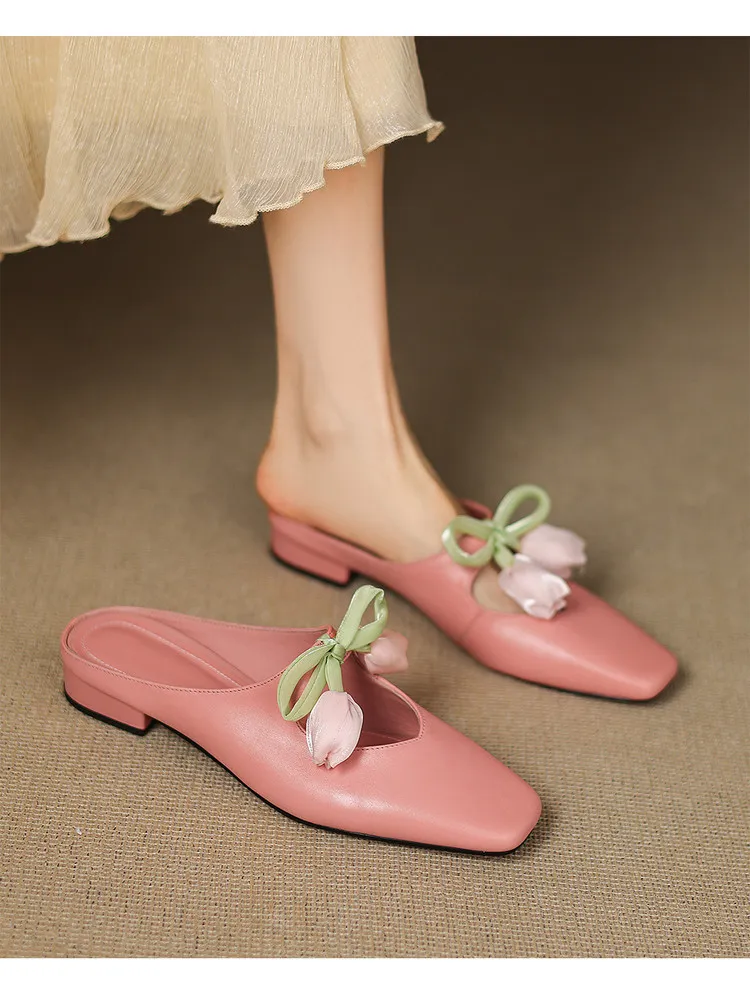 Summer fashionable and sweet style top-grain cowhide + sheepskin lining fashion slippers, low heel 2.5cm, size 34-41