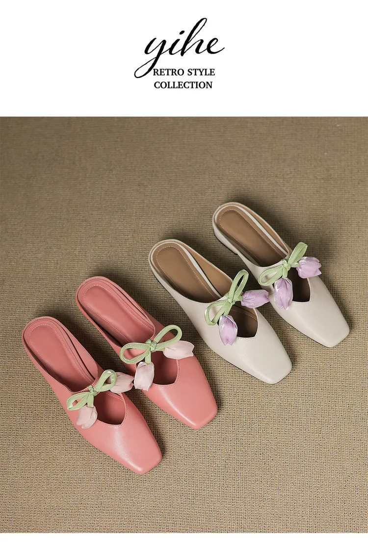 Summer fashionable and sweet style top-grain cowhide + sheepskin lining fashion slippers, low heel 2.5cm, size 34-41