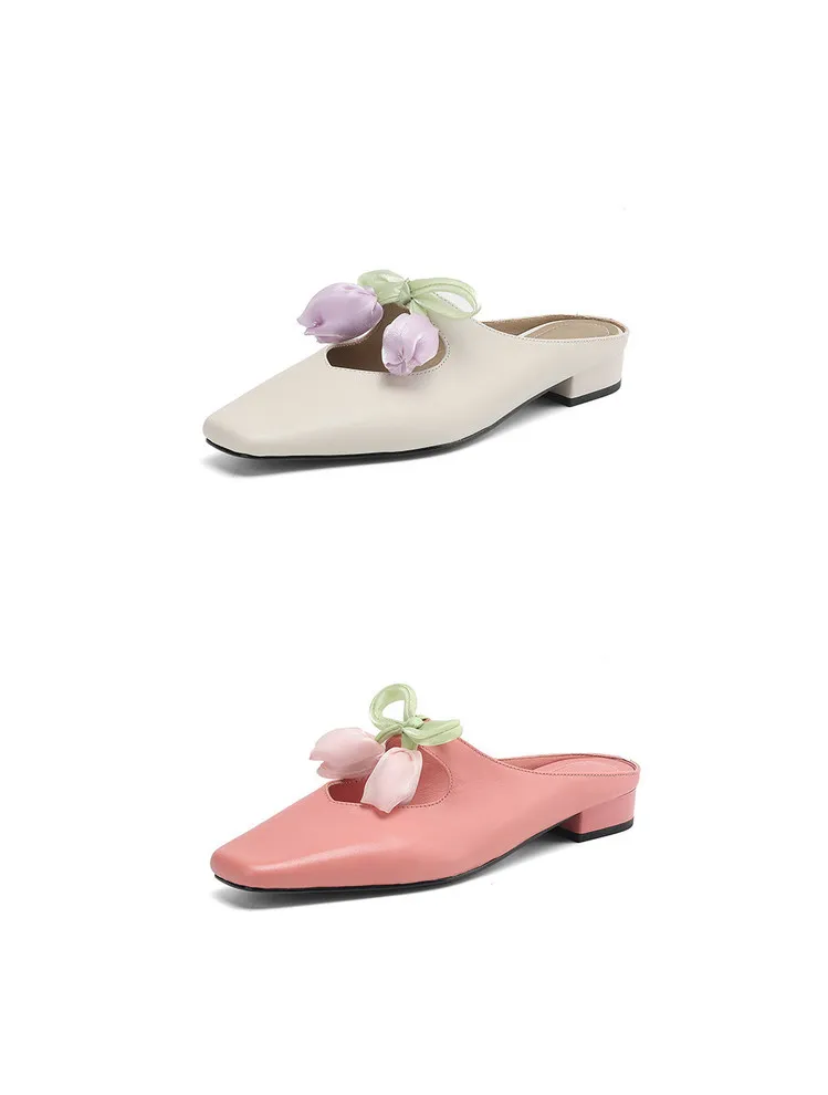 Summer fashionable and sweet style top-grain cowhide + sheepskin lining fashion slippers, low heel 2.5cm, size 34-41