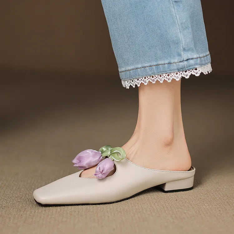 Summer fashionable and sweet style top-grain cowhide + sheepskin lining fashion slippers, low heel 2.5cm, size 34-41