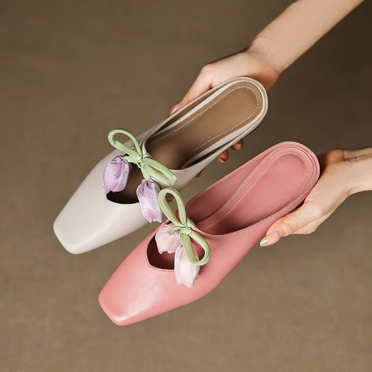Summer fashionable and sweet style top-grain cowhide + sheepskin lining fashion slippers, low heel 2.5cm, size 34-41