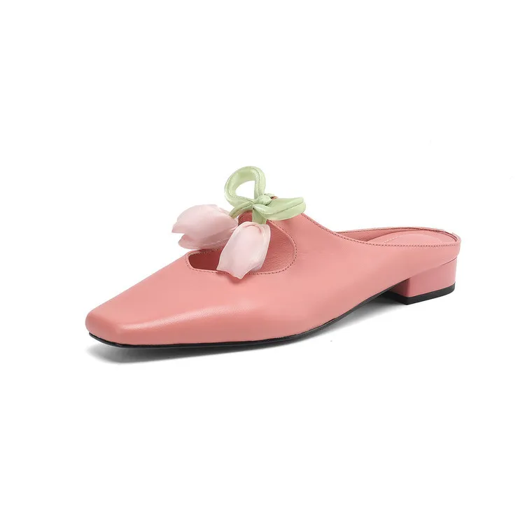 Summer fashionable and sweet style top-grain cowhide + sheepskin lining fashion slippers, low heel 2.5cm, size 34-41