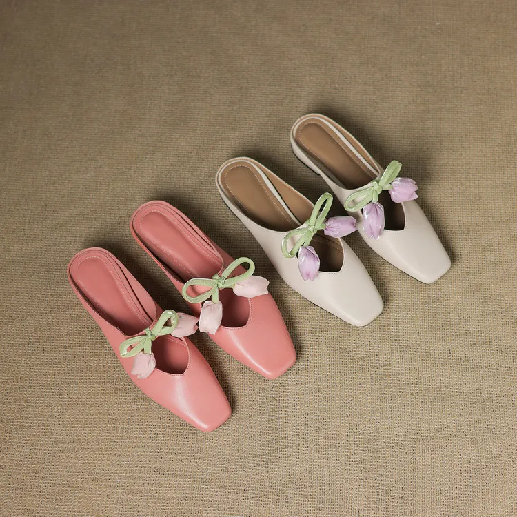 Summer fashionable and sweet style top-grain cowhide + sheepskin lining fashion slippers, low heel 2.5cm, size 34-41