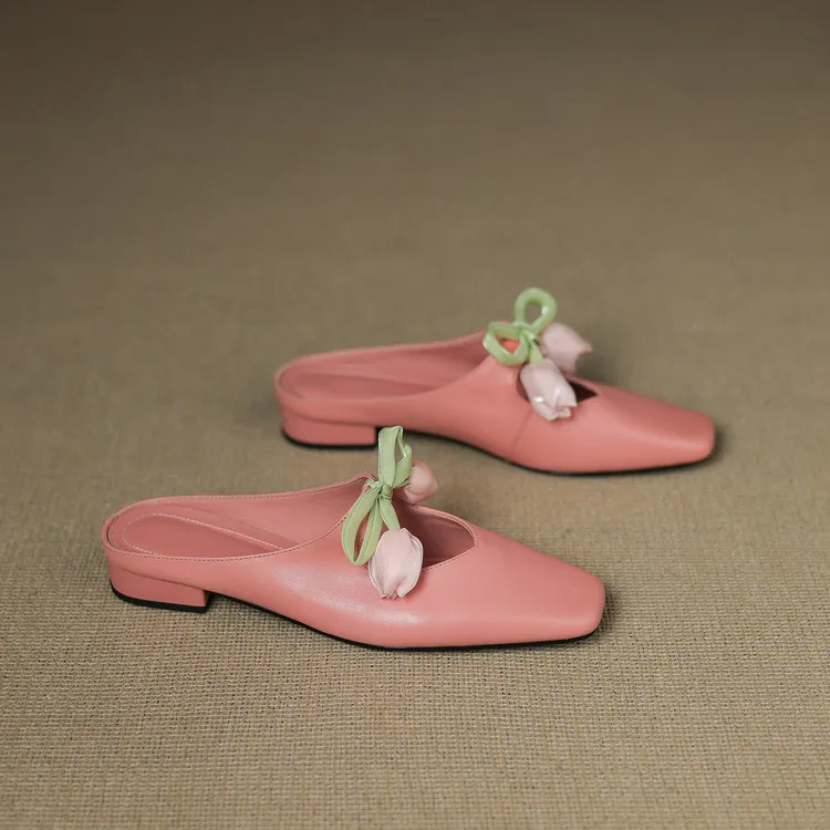Summer fashionable and sweet style top-grain cowhide + sheepskin lining fashion slippers, low heel 2.5cm, size 34-41