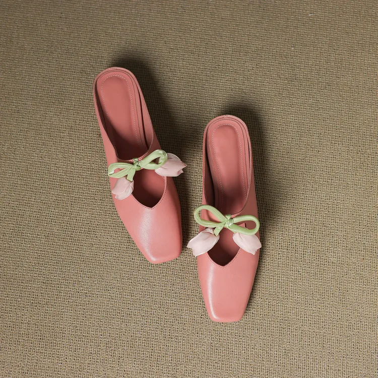 Summer fashionable and sweet style top-grain cowhide + sheepskin lining fashion slippers, low heel 2.5cm, size 34-41