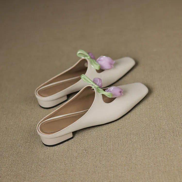 Summer fashionable and sweet style top-grain cowhide + sheepskin lining fashion slippers, low heel 2.5cm, size 34-41