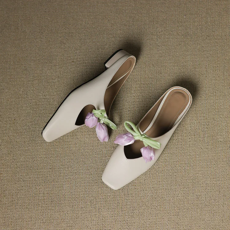 Summer fashionable and sweet style top-grain cowhide + sheepskin lining fashion slippers, low heel 2.5cm, size 34-41