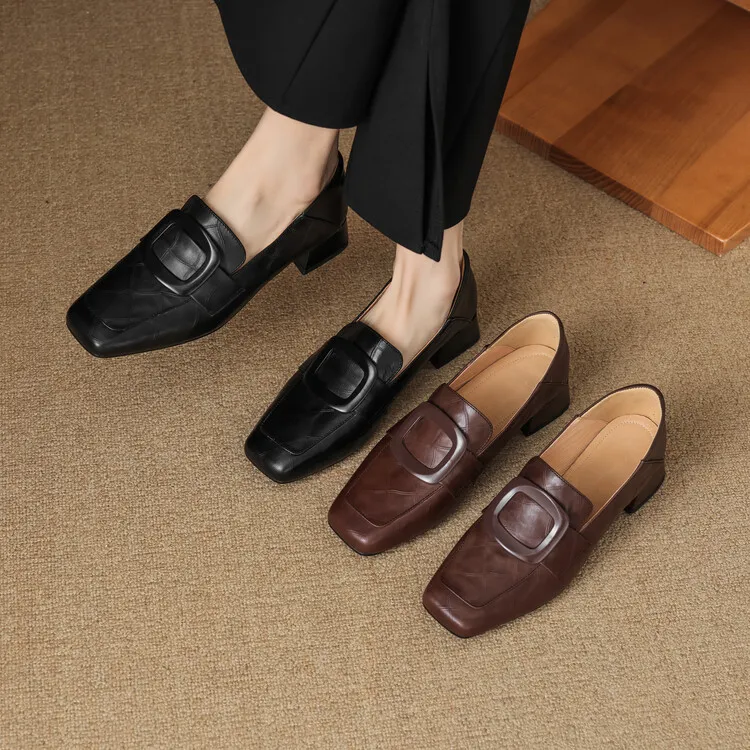 Women's square-toe, square-buckle loafers, retro brown, versatile chunky heel, made of top-grain cowhide, fashion shoes.