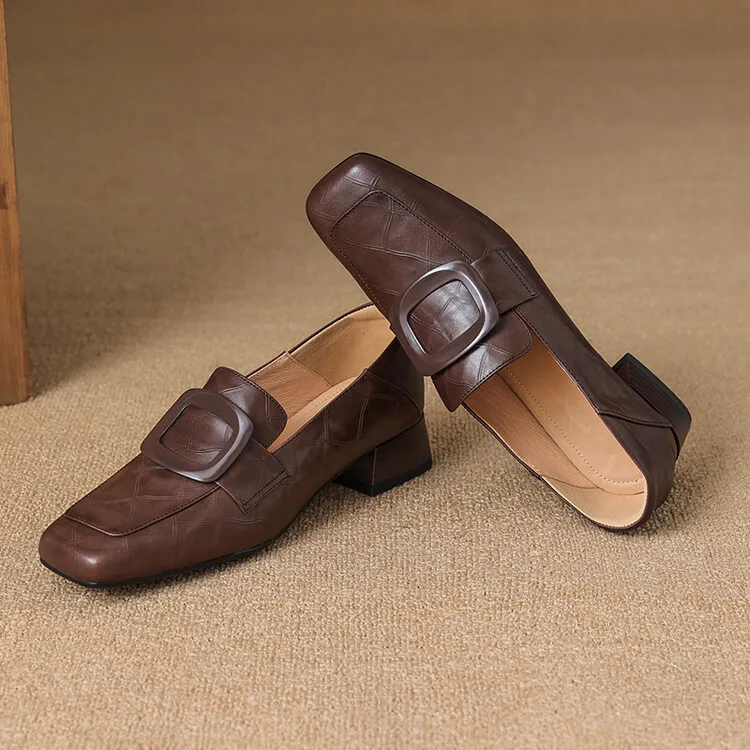 Women's square-toe, square-buckle loafers, retro brown, versatile chunky heel, made of top-grain cowhide, fashion shoes.