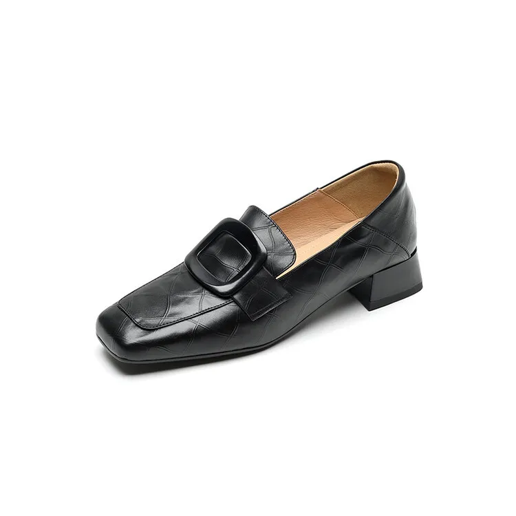 Women's square-toe, square-buckle loafers, retro brown, versatile chunky heel, made of top-grain cowhide, fashion shoes.