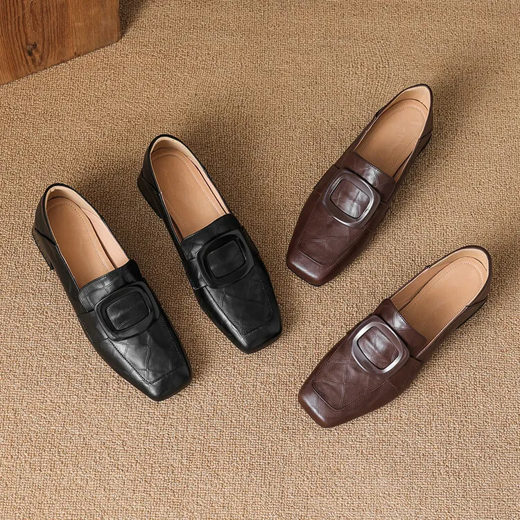 Women's square-toe, square-buckle loafers, retro brown, versatile chunky heel, made of top-grain cowhide, fashion shoes.