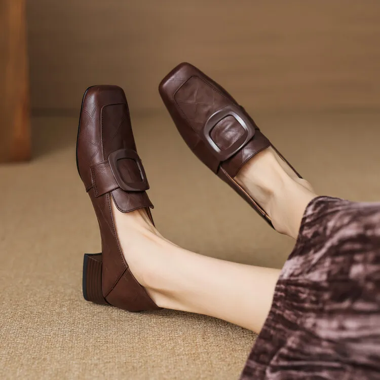 Women's square-toe, square-buckle loafers, retro brown, versatile chunky heel, made of top-grain cowhide, fashion shoes.
