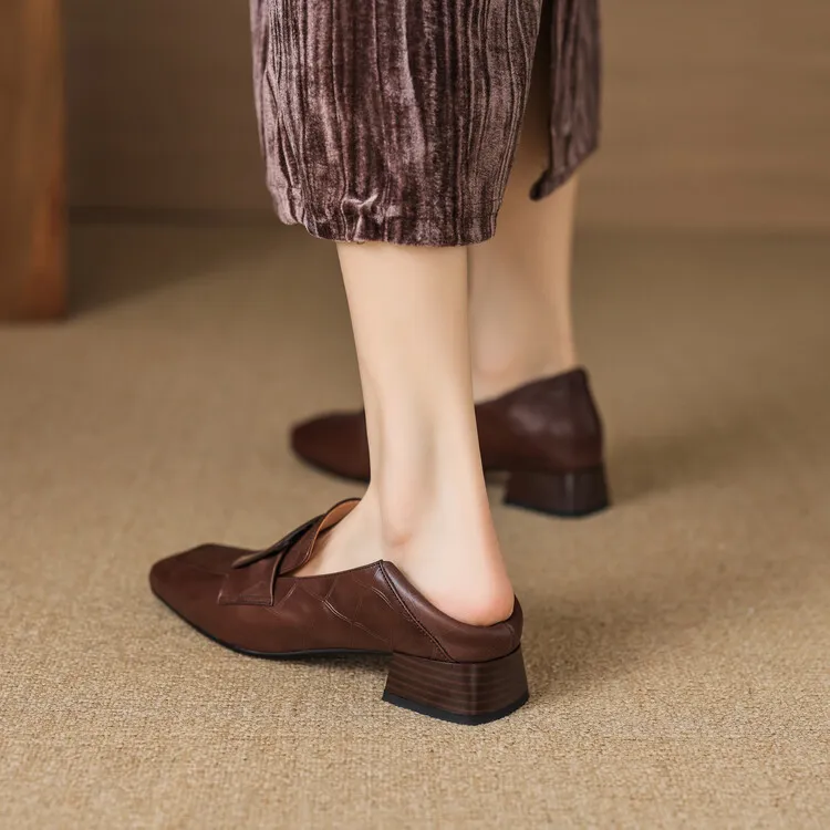 Women's square-toe, square-buckle loafers, retro brown, versatile chunky heel, made of top-grain cowhide, fashion shoes.
