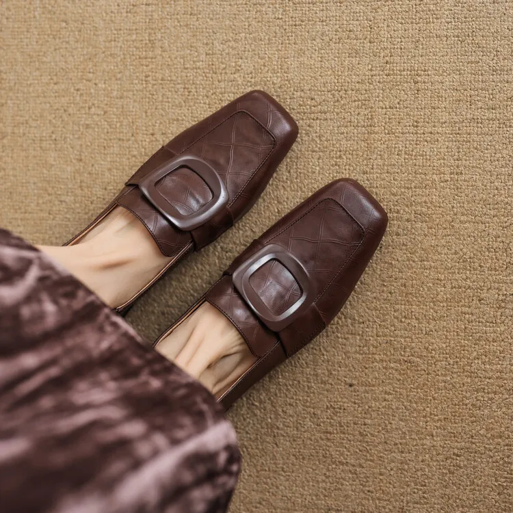Women's square-toe, square-buckle loafers, retro brown, versatile chunky heel, made of top-grain cowhide, fashion shoes.