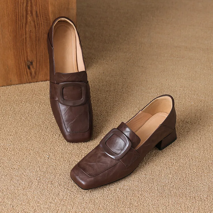 Women's square-toe, square-buckle loafers, retro brown, versatile chunky heel, made of top-grain cowhide, fashion shoes.
