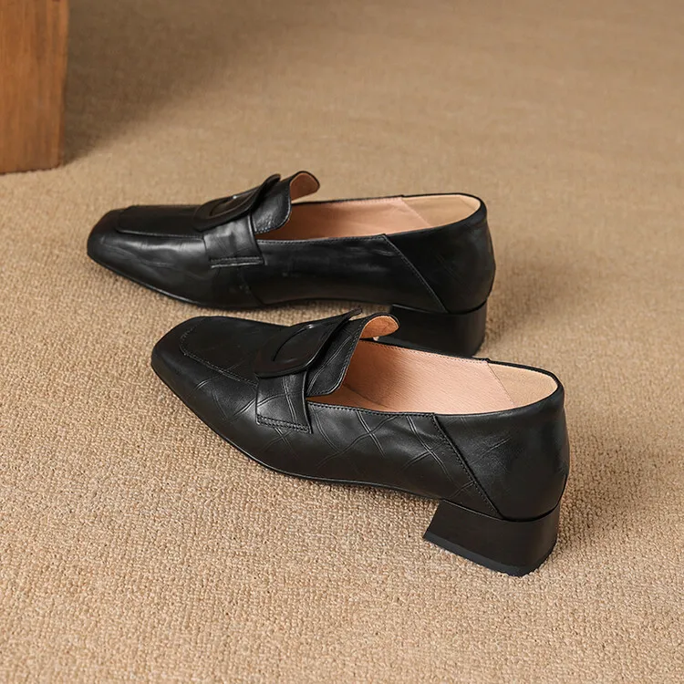 Women's square-toe, square-buckle loafers, retro brown, versatile chunky heel, made of top-grain cowhide, fashion shoes.