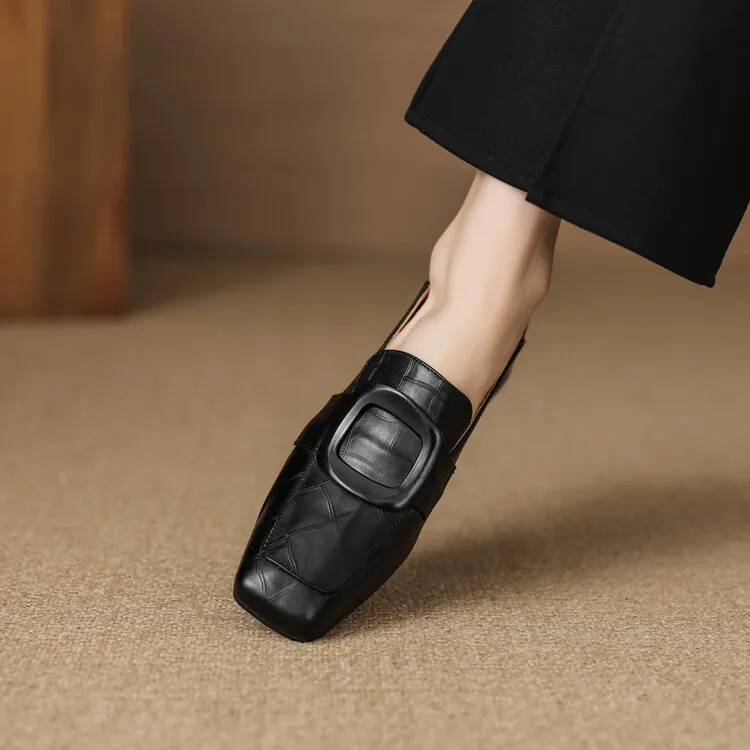 Women's square-toe, square-buckle loafers, retro brown, versatile chunky heel, made of top-grain cowhide, fashion shoes.