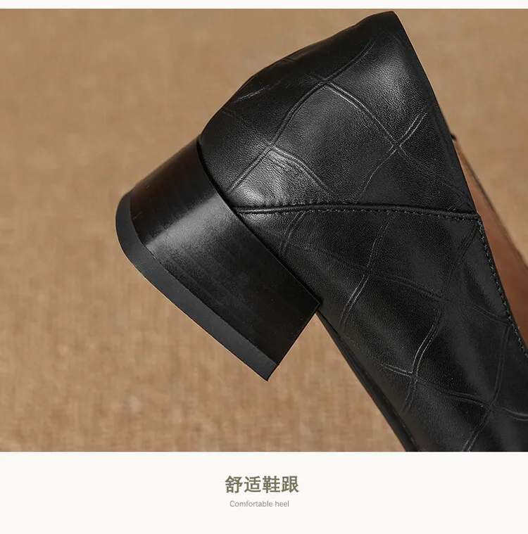 Women's square-toe, square-buckle loafers, retro brown, versatile chunky heel, made of top-grain cowhide, fashion shoes.