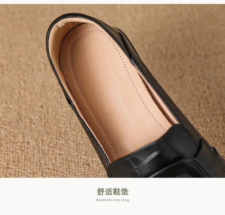 Women's square-toe, square-buckle loafers, retro brown, versatile chunky heel, made of top-grain cowhide, fashion shoes.