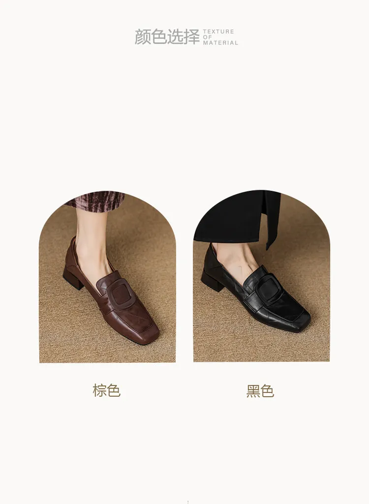 Women's square-toe, square-buckle loafers, retro brown, versatile chunky heel, made of top-grain cowhide, fashion shoes.