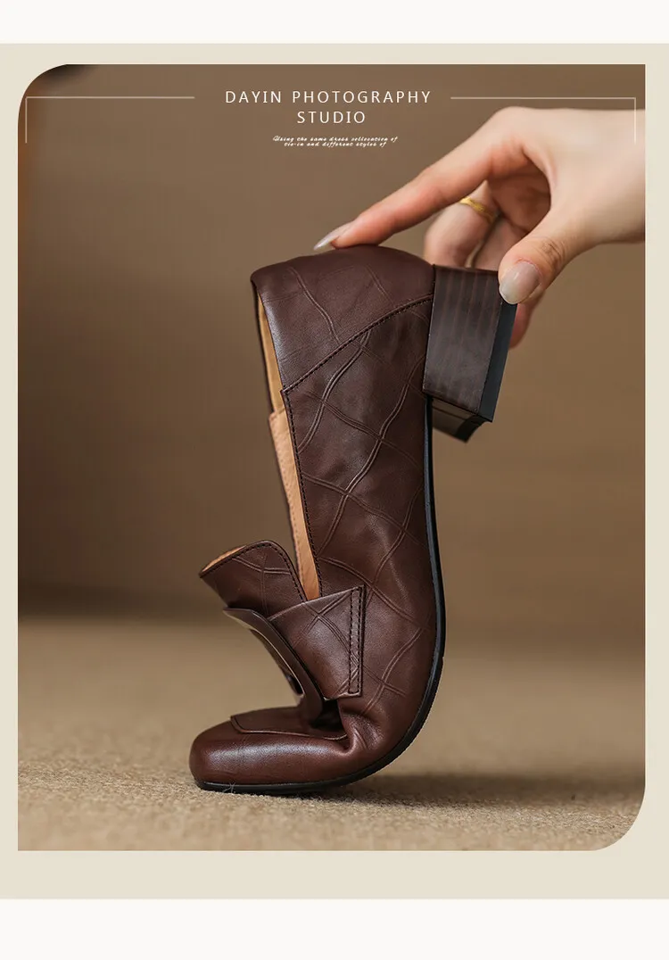 Women's square-toe, square-buckle loafers, retro brown, versatile chunky heel, made of top-grain cowhide, fashion shoes.