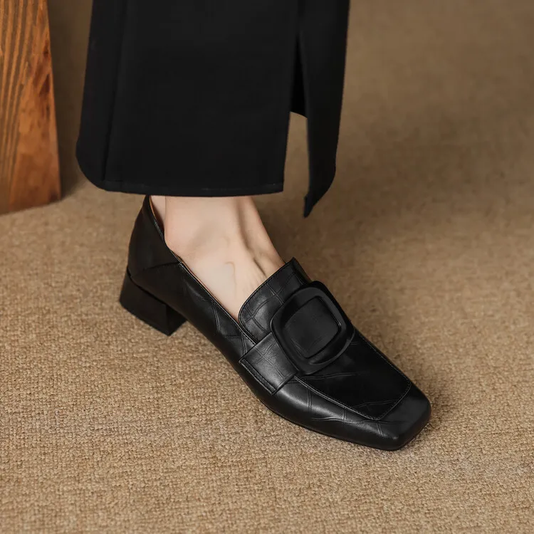 Women's square-toe, square-buckle loafers, retro brown, versatile chunky heel, made of top-grain cowhide, fashion shoes.