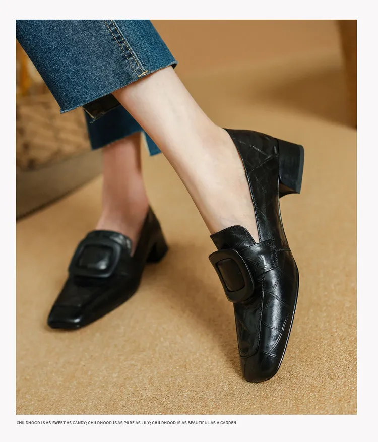 Women's square-toe, square-buckle loafers, retro brown, versatile chunky heel, made of top-grain cowhide, fashion shoes.