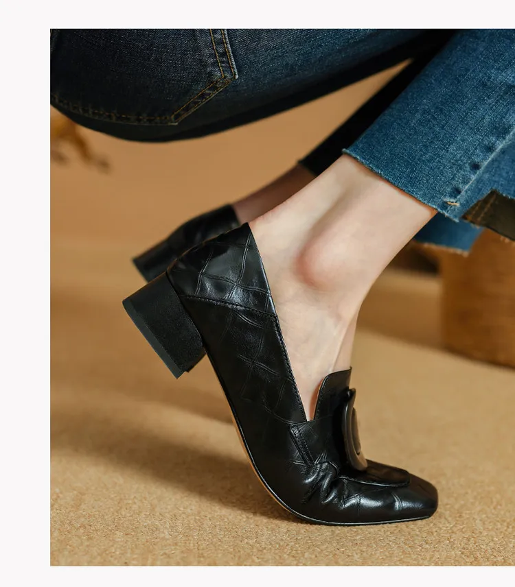 Women's square-toe, square-buckle loafers, retro brown, versatile chunky heel, made of top-grain cowhide, fashion shoes.