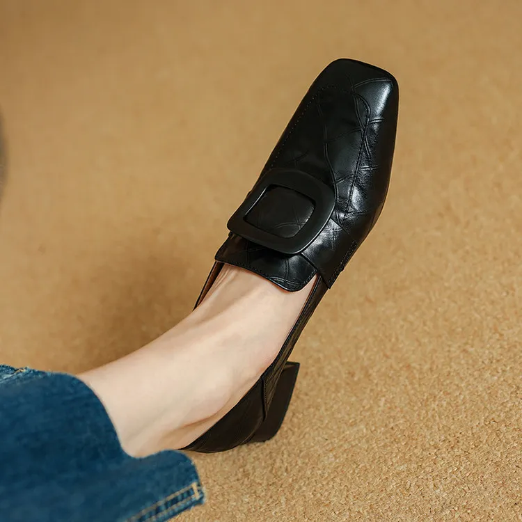 Women's square-toe, square-buckle loafers, retro brown, versatile chunky heel, made of top-grain cowhide, fashion shoes.