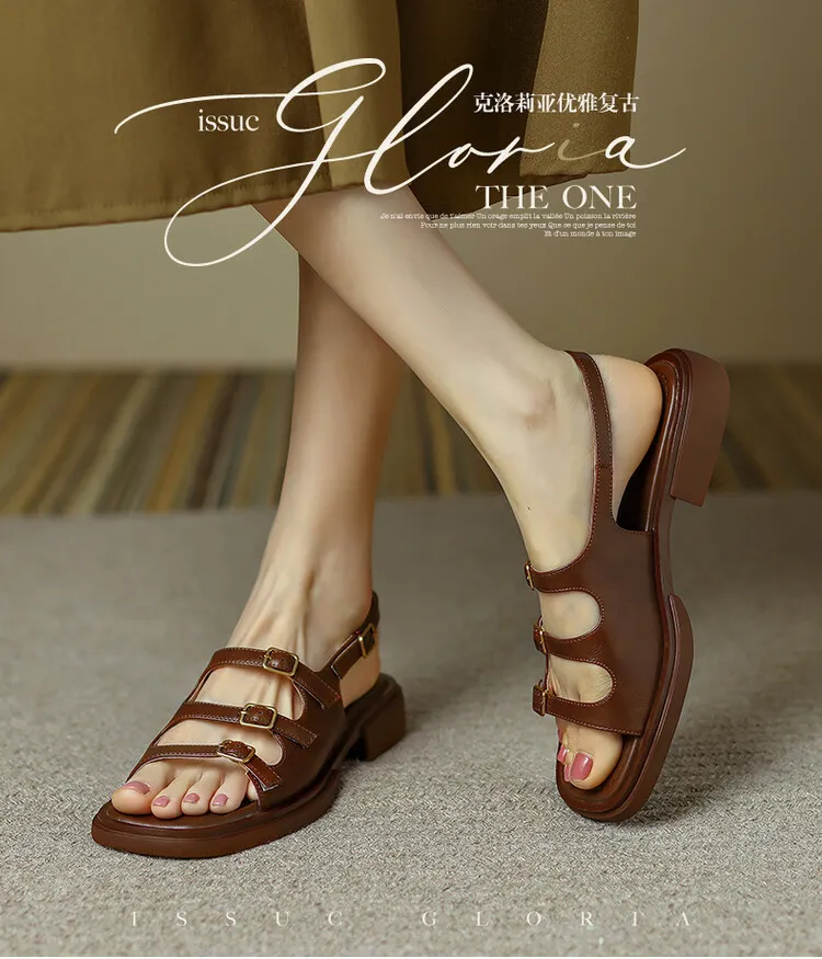 Off-white and brown soft-soled sandals for women, flat, summer style, French Roman style, plus size women's shoes, 6-24L