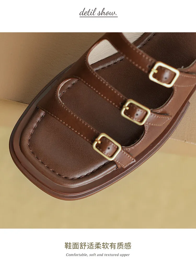 Off-white and brown soft-soled sandals for women, flat, summer style, French Roman style, plus size women's shoes, 6-24L