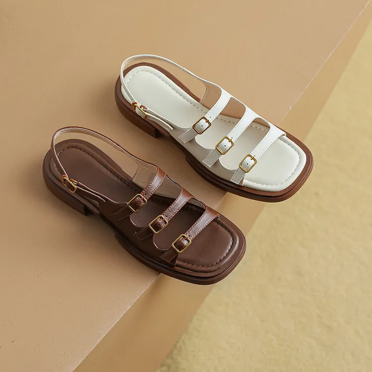 Off-white and brown soft-soled sandals for women, flat, summer style, French Roman style, plus size women's shoes, 6-24L