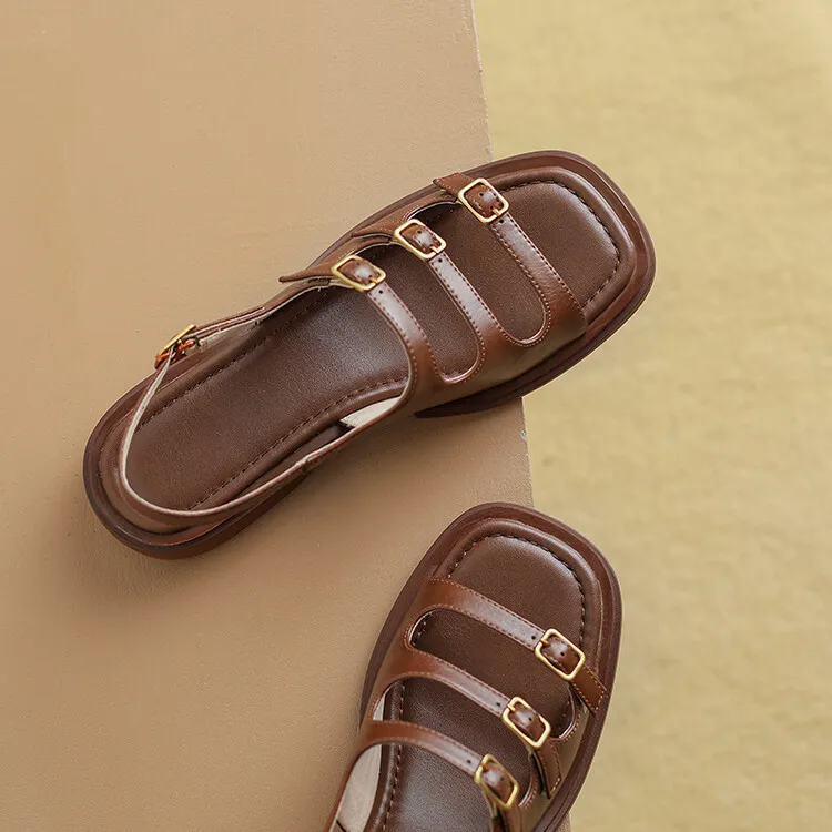 Off-white and brown soft-soled sandals for women, flat, summer style, French Roman style, plus size women's shoes, 6-24L