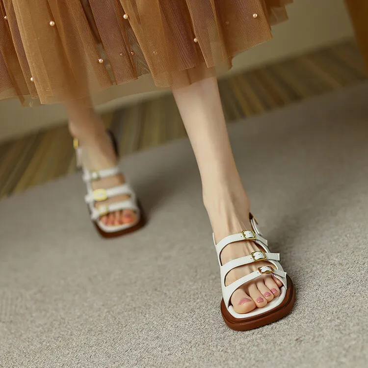Off-white and brown soft-soled sandals for women, flat, summer style, French Roman style, plus size women's shoes, 6-24L
