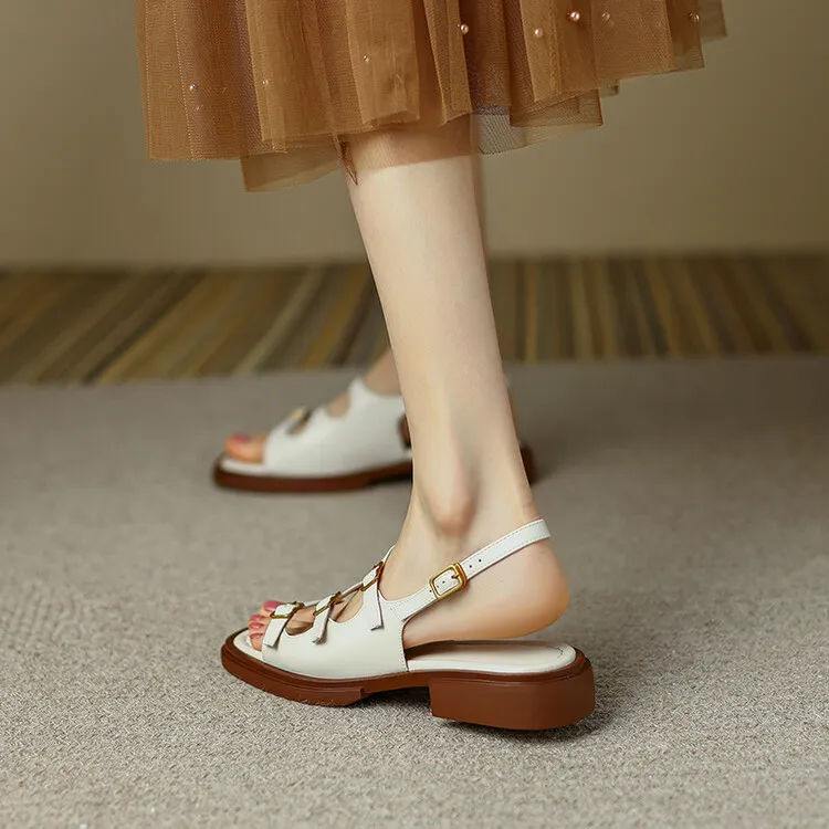 Off-white and brown soft-soled sandals for women, flat, summer style, French Roman style, plus size women's shoes, 6-24L