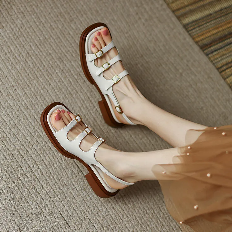 Off-white and brown soft-soled sandals for women, flat, summer style, French Roman style, plus size women's shoes, 6-24L