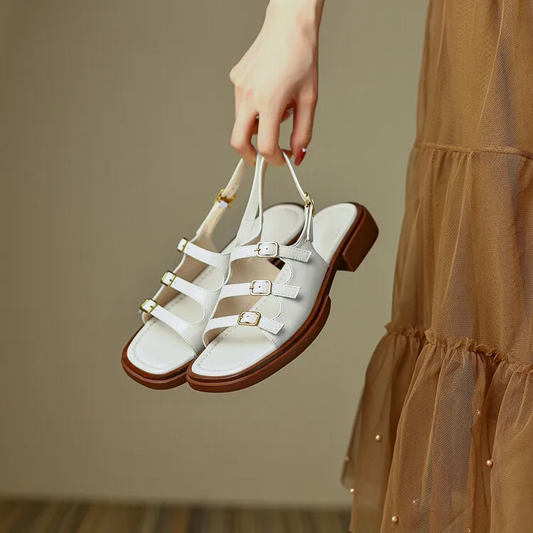 Off-white and brown soft-soled sandals for women, flat, summer style, French Roman style, plus size women's shoes, 6-24L