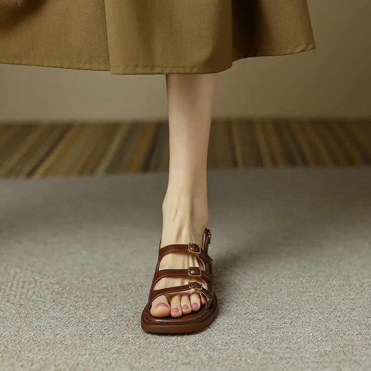 Off-white and brown soft-soled sandals for women, flat, summer style, French Roman style, plus size women's shoes, 6-24L