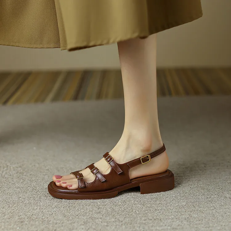 Off-white and brown soft-soled sandals for women, flat, summer style, French Roman style, plus size women's shoes, 6-24L