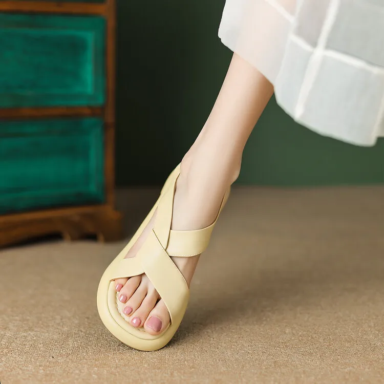 Women's cross-strap platform sandals, cowhide, soft-soled, flat Roman sandals, fashionable summer style, 6-28w