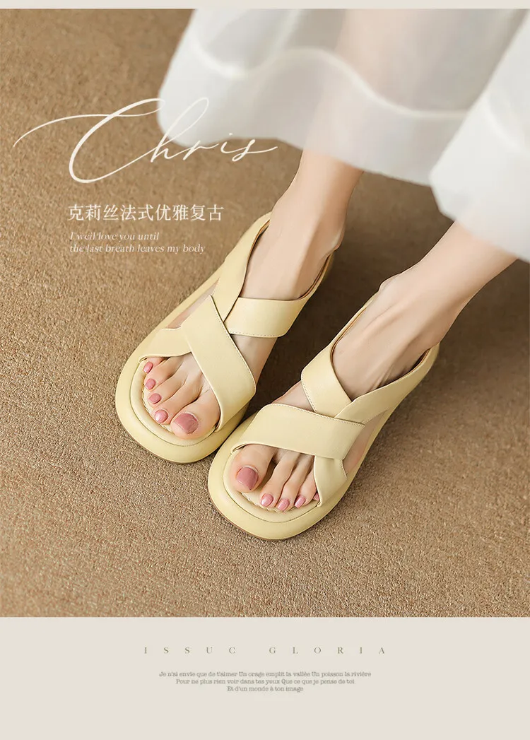 Women's cross-strap platform sandals, cowhide, soft-soled, flat Roman sandals, fashionable summer style, 6-28w