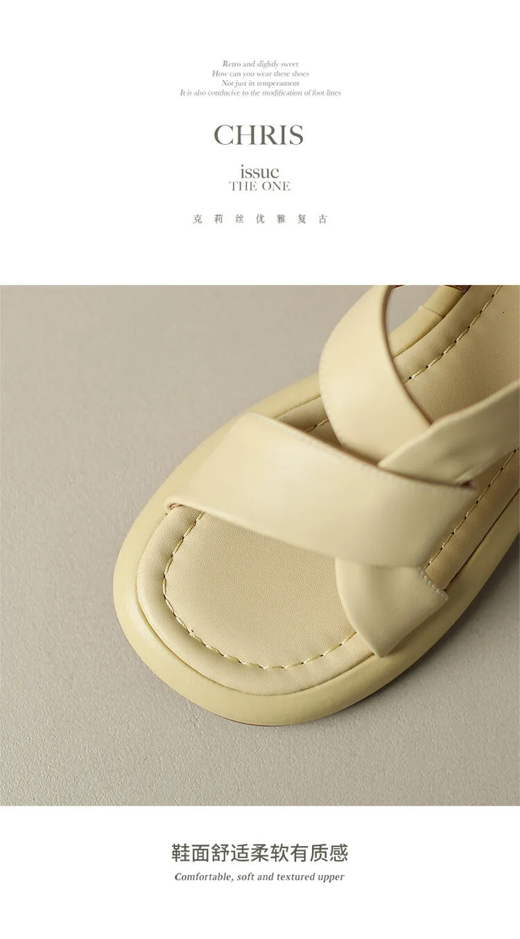 Women's cross-strap platform sandals, cowhide, soft-soled, flat Roman sandals, fashionable summer style, 6-28w