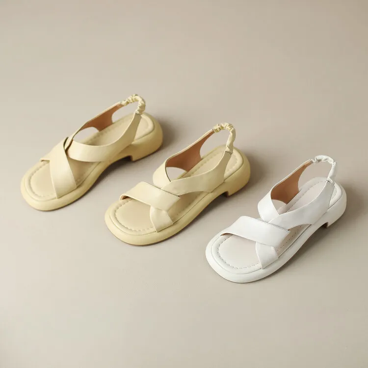 Women's cross-strap platform sandals, cowhide, soft-soled, flat Roman sandals, fashionable summer style, 6-28w