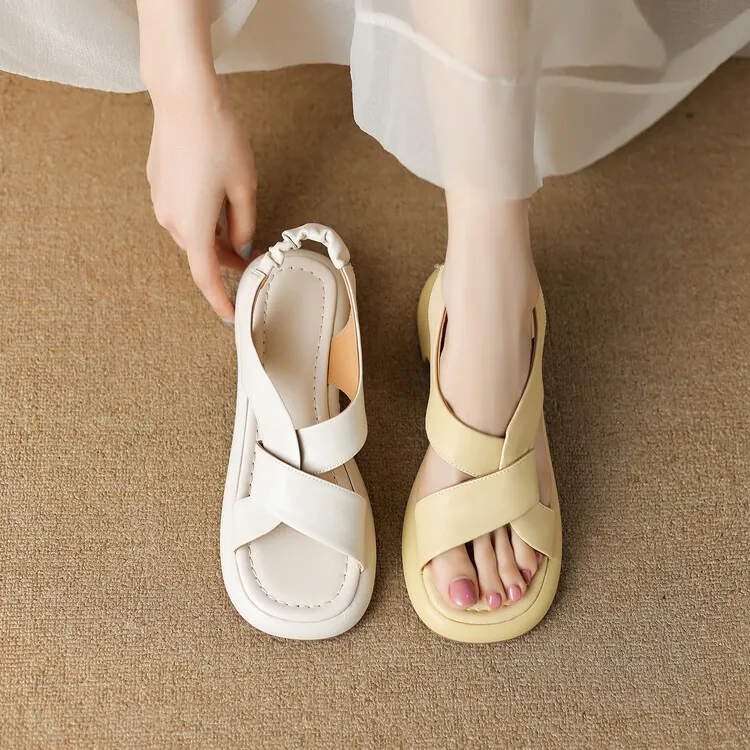 Women's cross-strap platform sandals, cowhide, soft-soled, flat Roman sandals, fashionable summer style, 6-28w