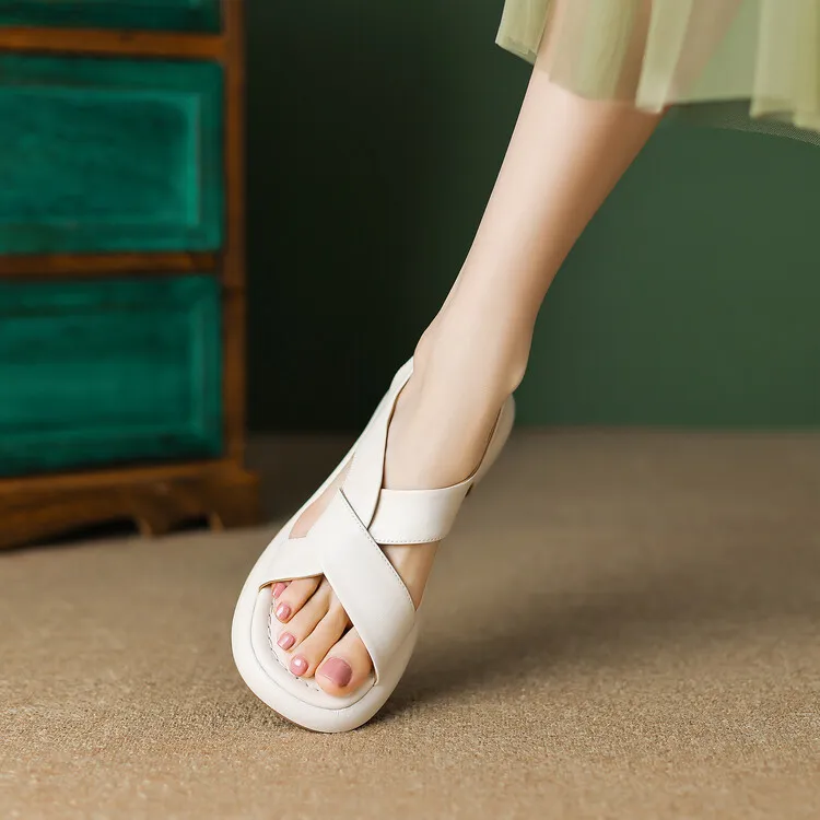 Women's cross-strap platform sandals, cowhide, soft-soled, flat Roman sandals, fashionable summer style, 6-28w