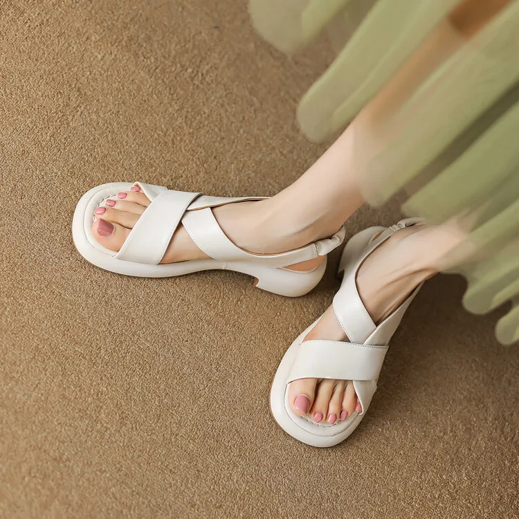 Women's cross-strap platform sandals, cowhide, soft-soled, flat Roman sandals, fashionable summer style, 6-28w