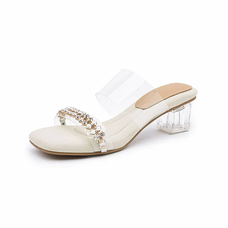 32-44 size sandals, summer outdoor wear, crystal shoes, fairy mid-heel transparent shoes, off-white/apricot color 7-6n