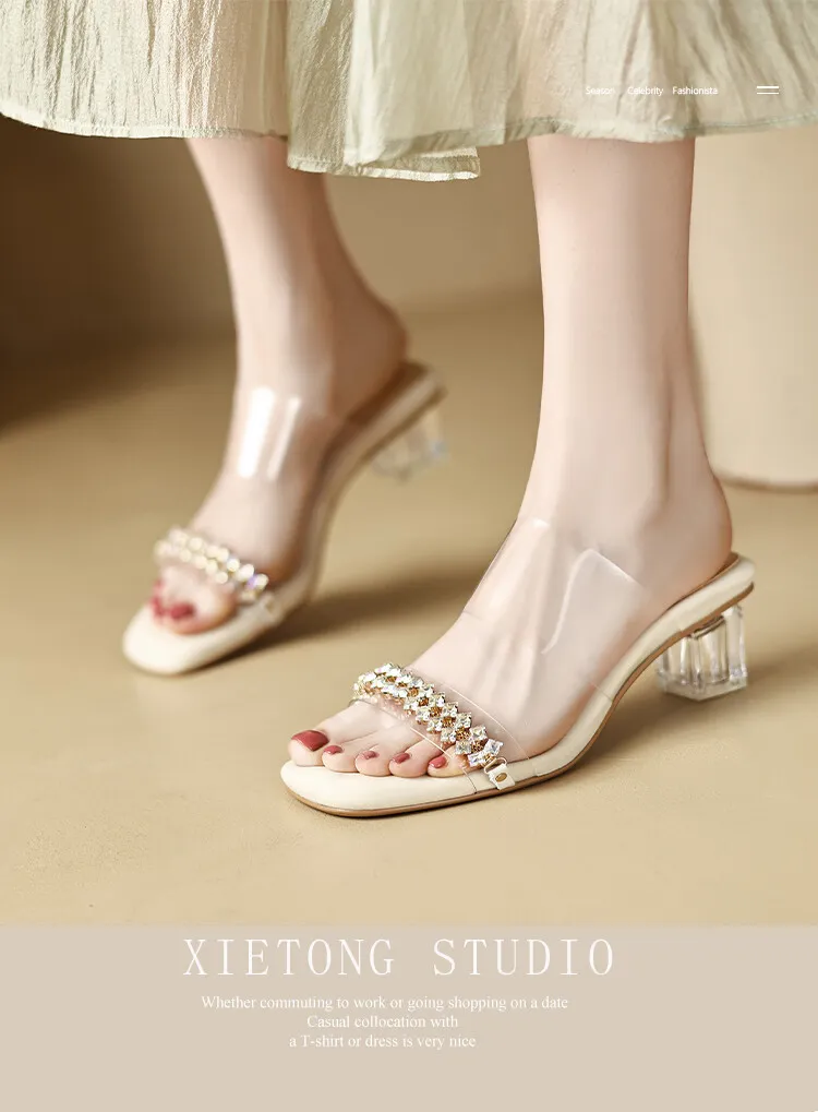 32-44 size sandals, summer outdoor wear, crystal shoes, fairy mid-heel transparent shoes, off-white/apricot color 7-6n