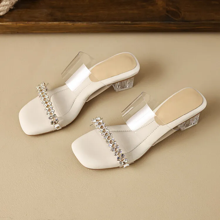 32-44 size sandals, summer outdoor wear, crystal shoes, fairy mid-heel transparent shoes, off-white/apricot color 7-6n